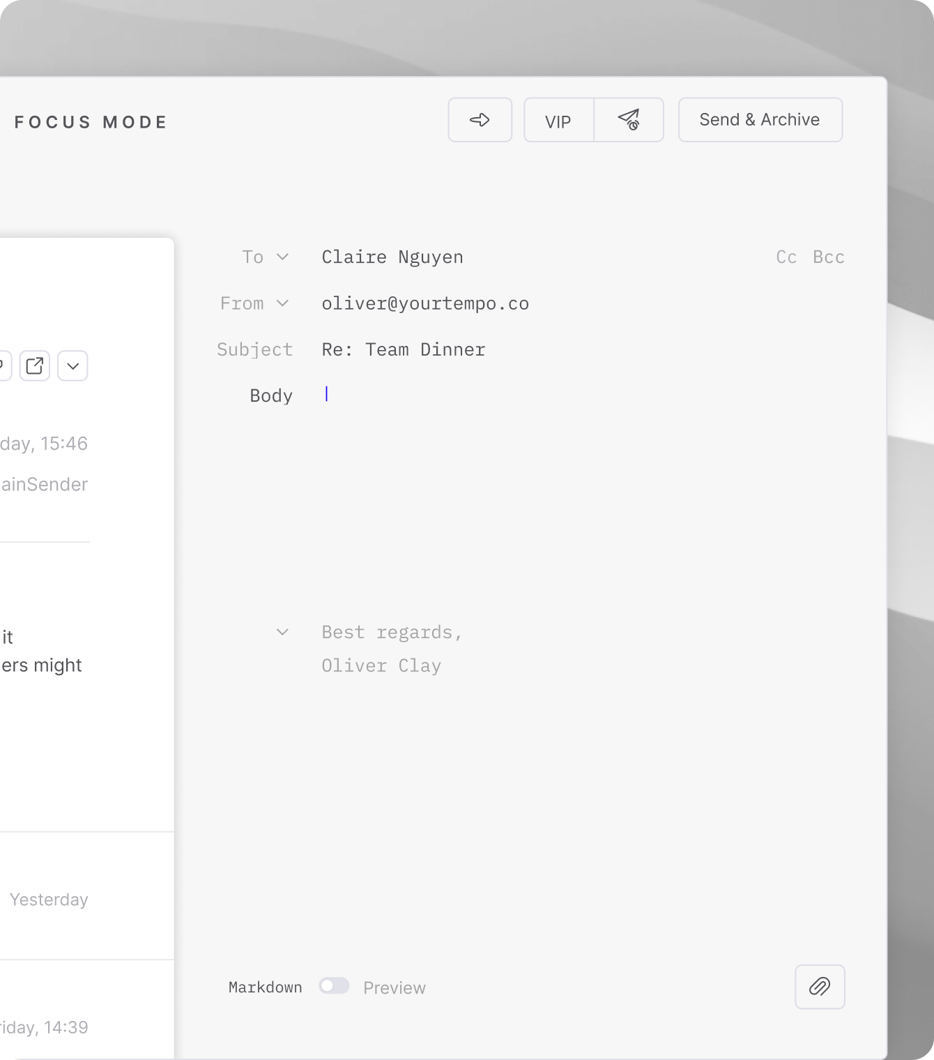 Focus sort inbox feature in the Tempo desktop email client
