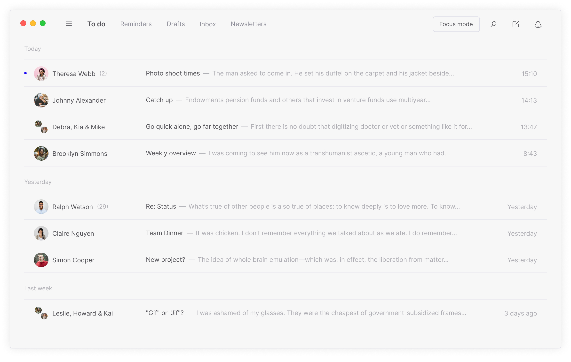 Focus sort inbox feature in the Tempo desktop email client