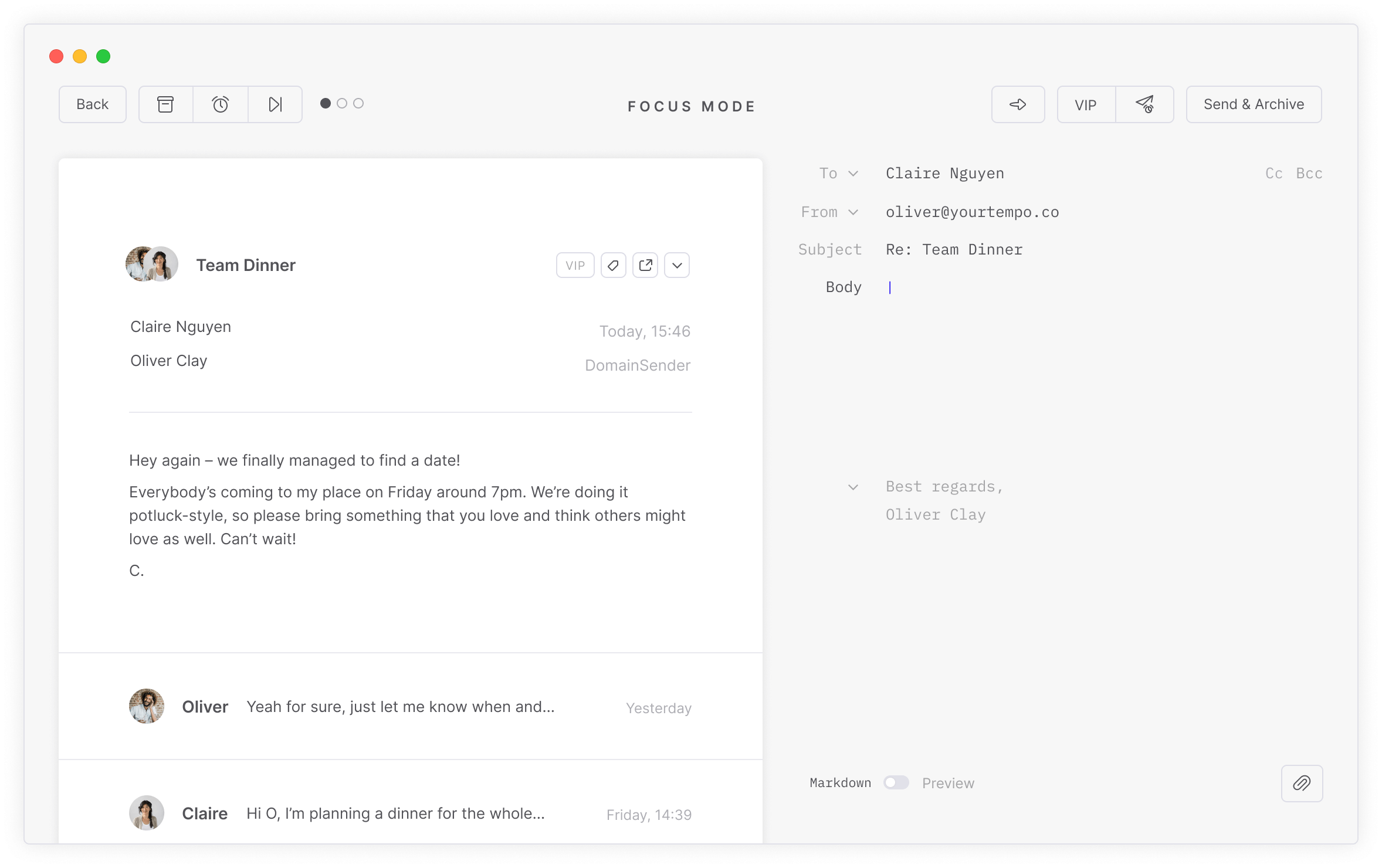 Focus sort inbox feature in the Tempo desktop email client